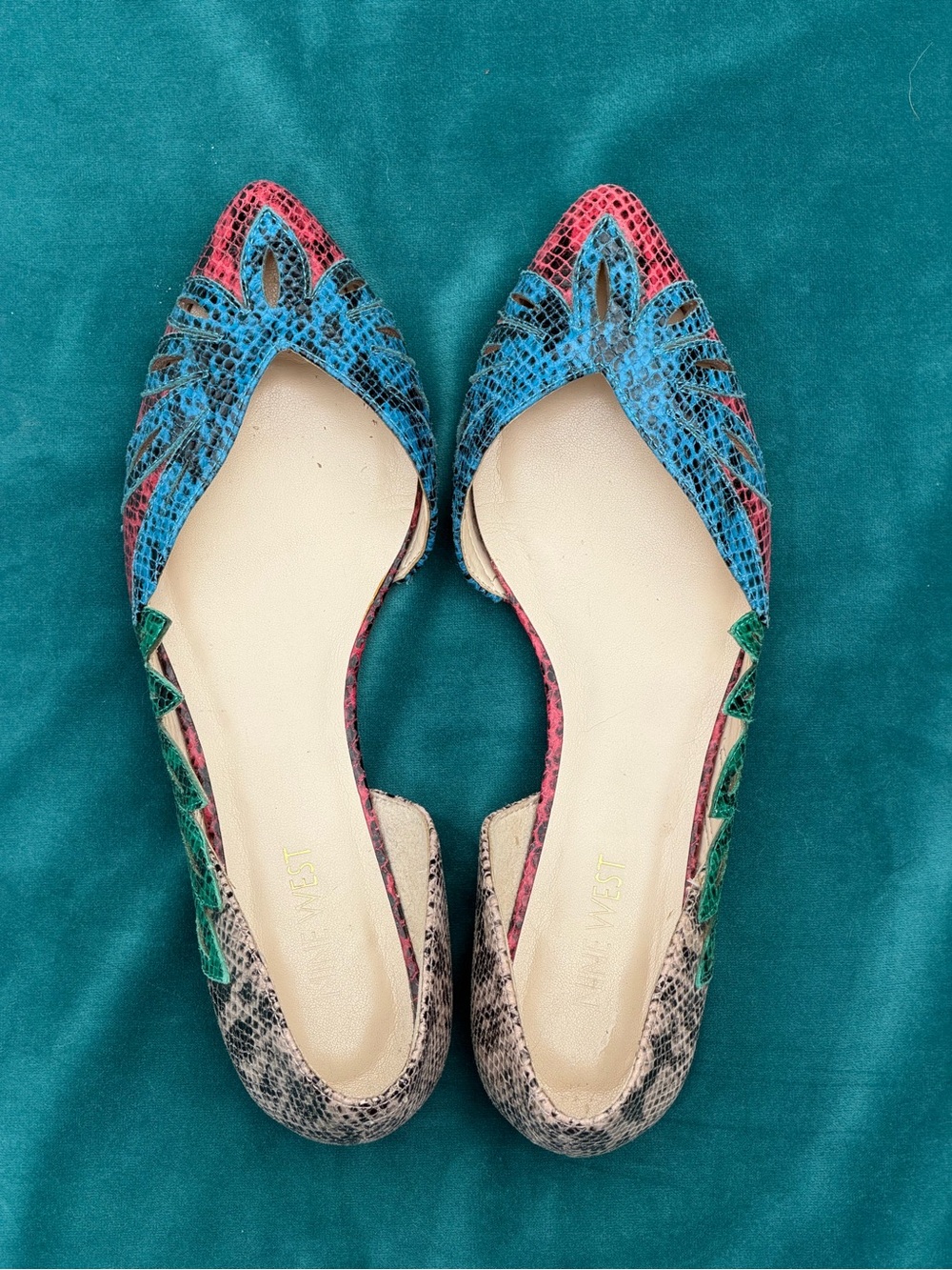 Nine West Blue Pink Green Snake-Print Pointed D'Orsay Flats